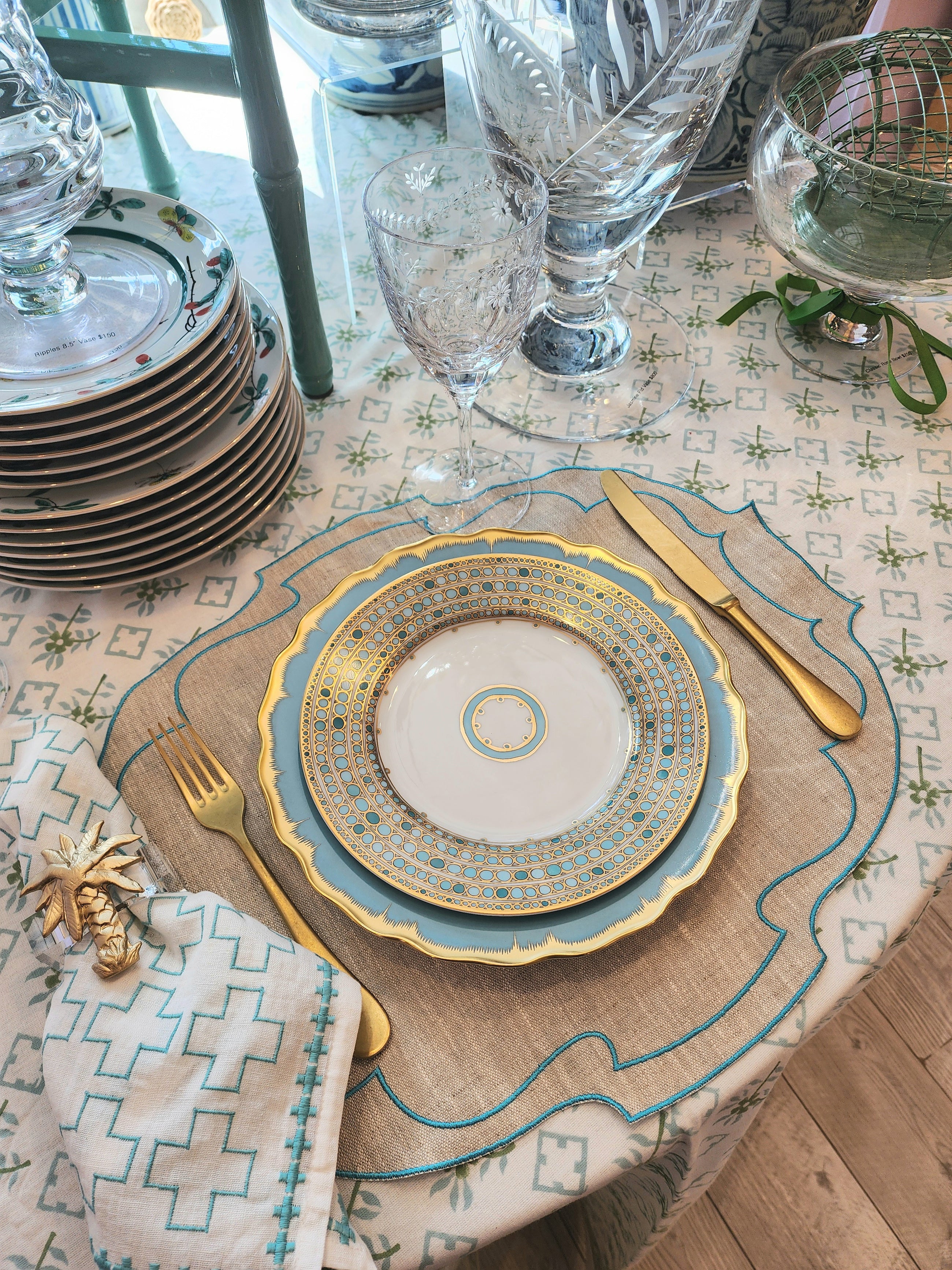 Parker Waxed Linen Placemat, Natural/Turquoise