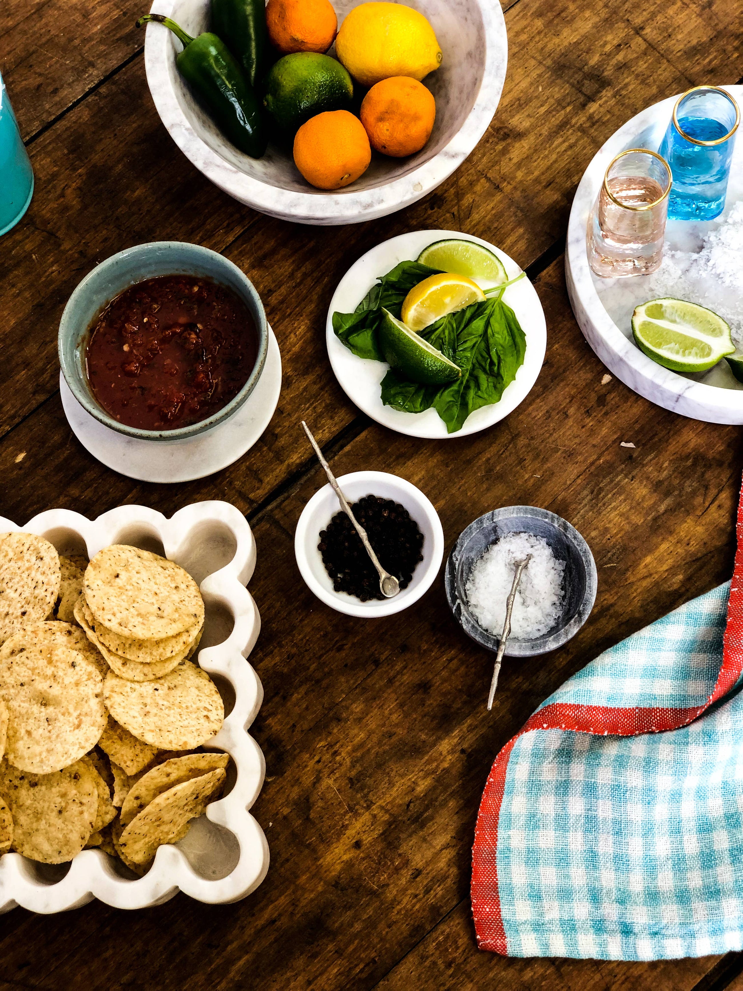 Gingham Aqua Napkin, Coral Trim
