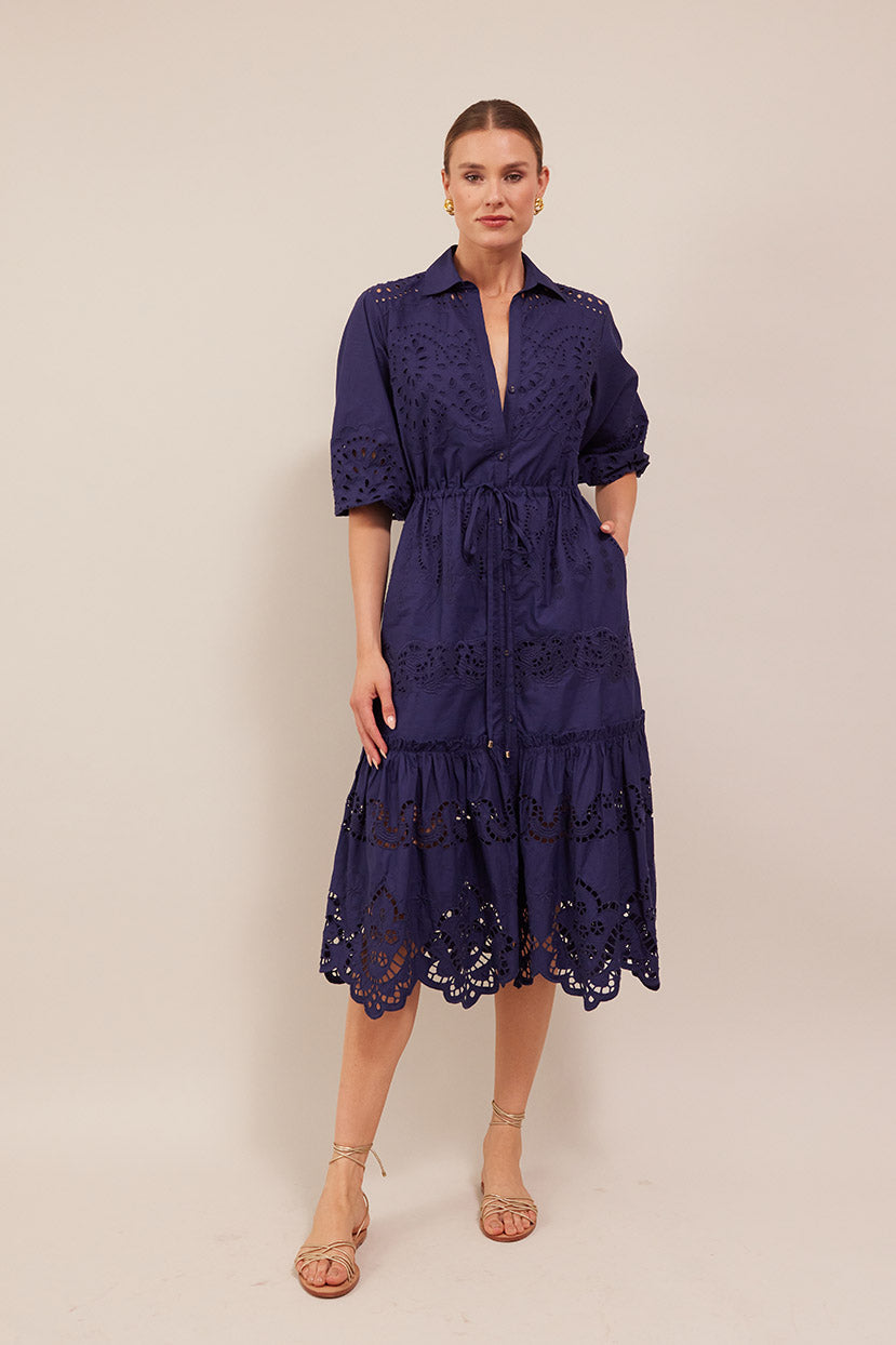 Hutton Dress,  Navy Embroidered Eyelet