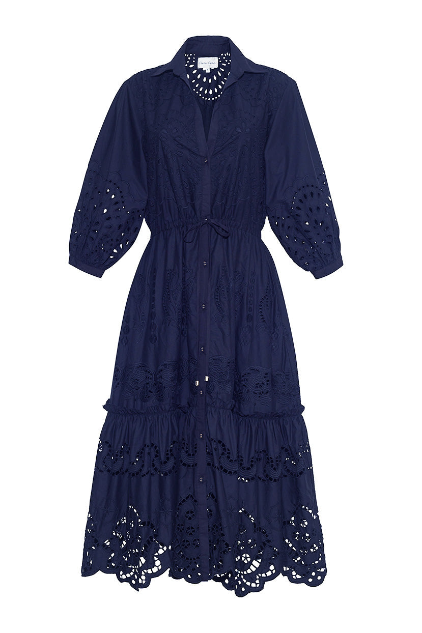 Hutton Dress, Navy Embroidered Eyelet