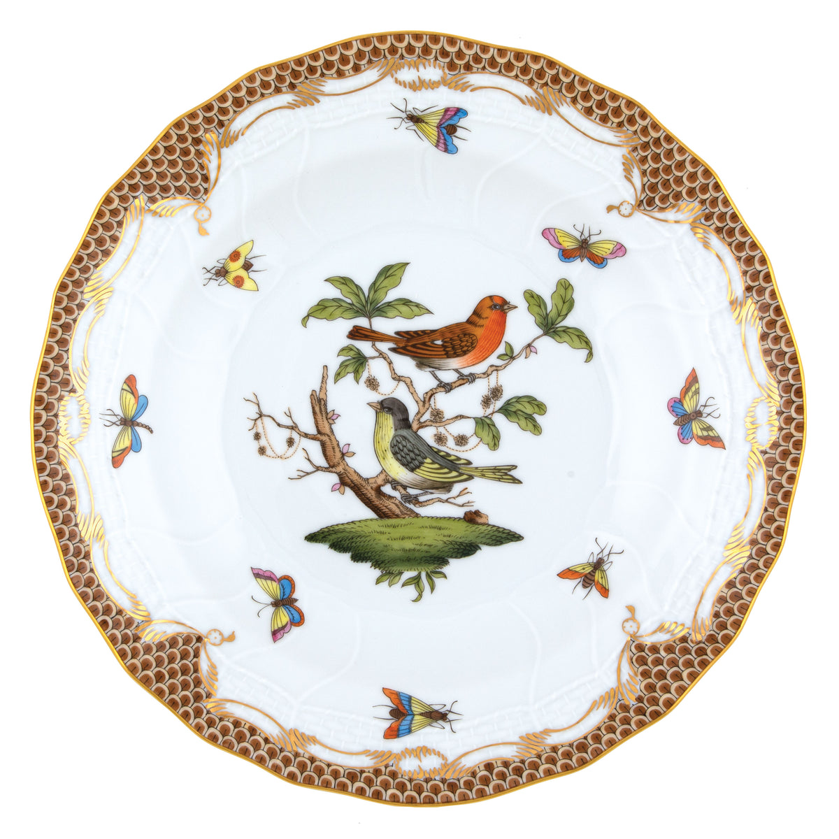 Herend Rothschild Bird Brown Dessert Plate, 8.25D