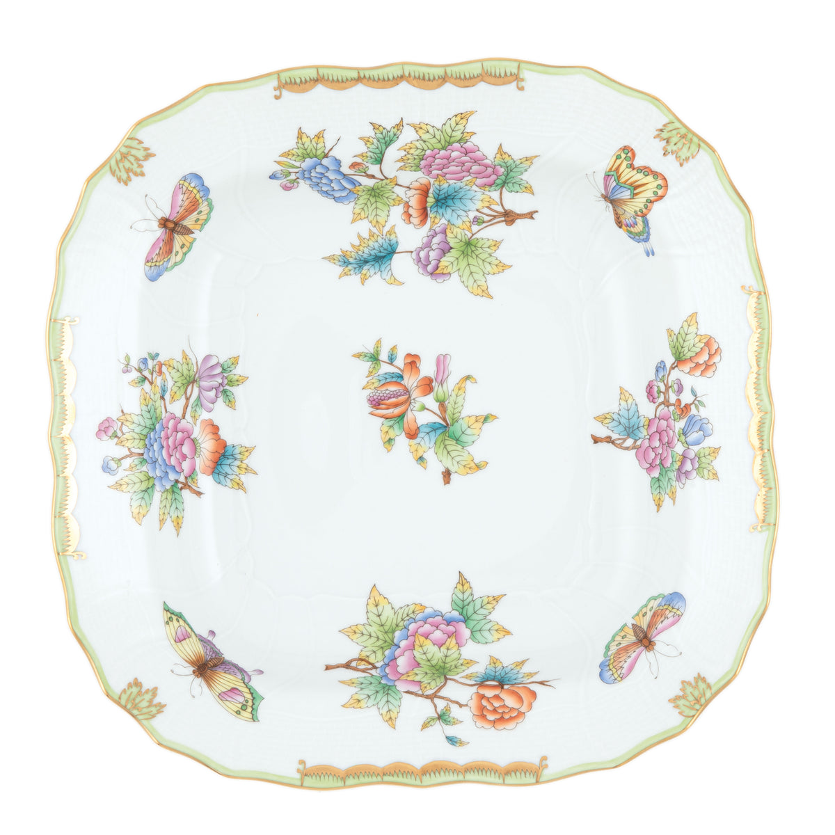 Herend Queen Victoria Green Border Square Fruit Dish
