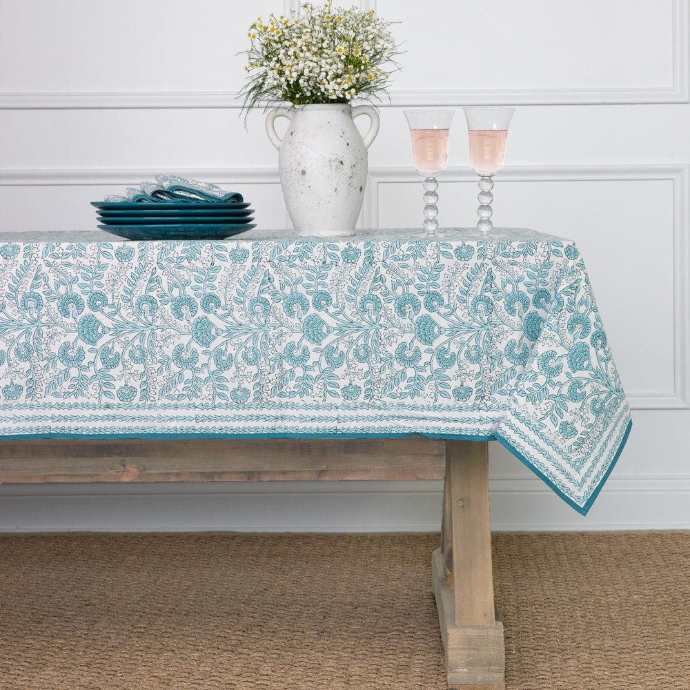 Floral Trellis 108" Tablecloth, Aqua