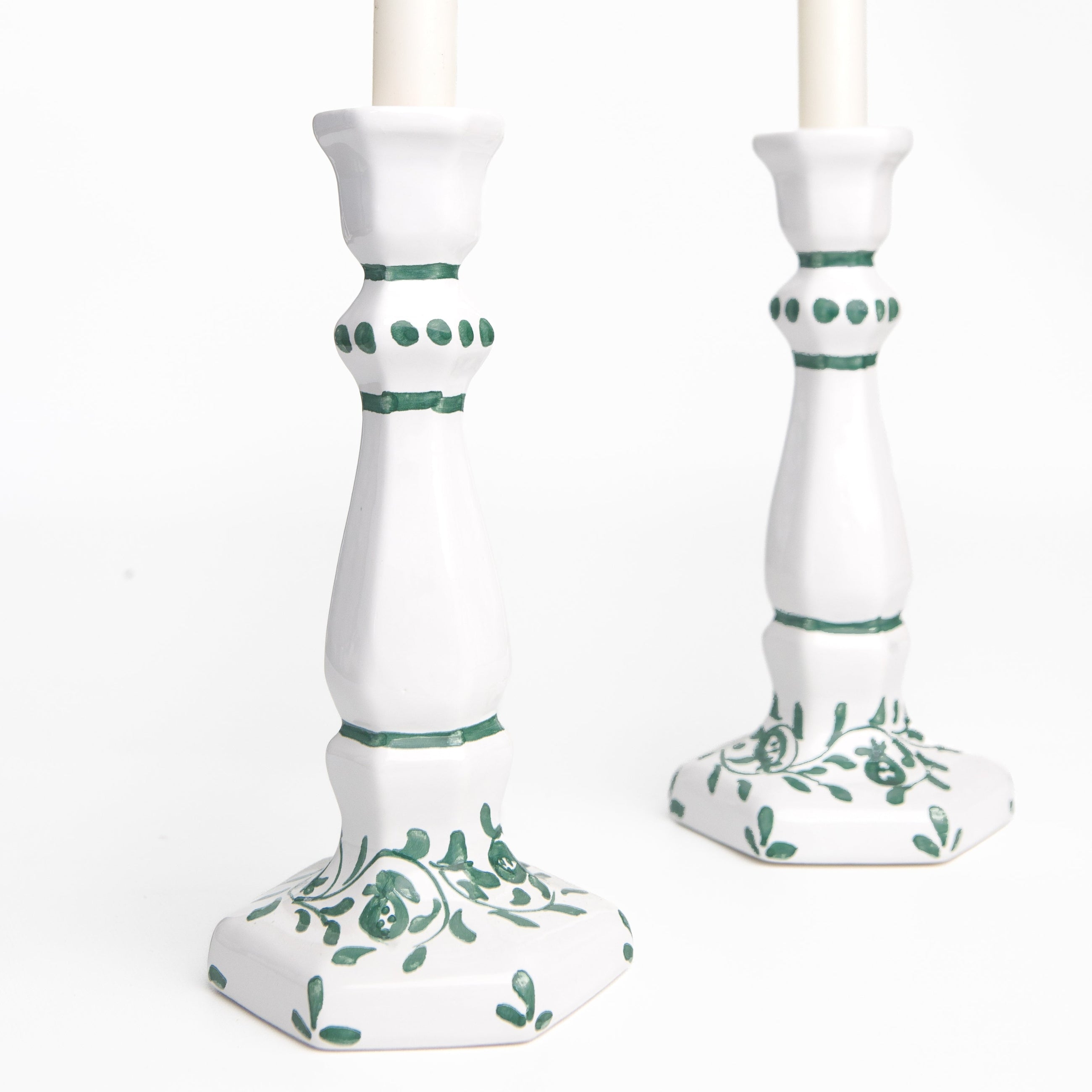 Pair of Scroll Forest Green Candlesticks