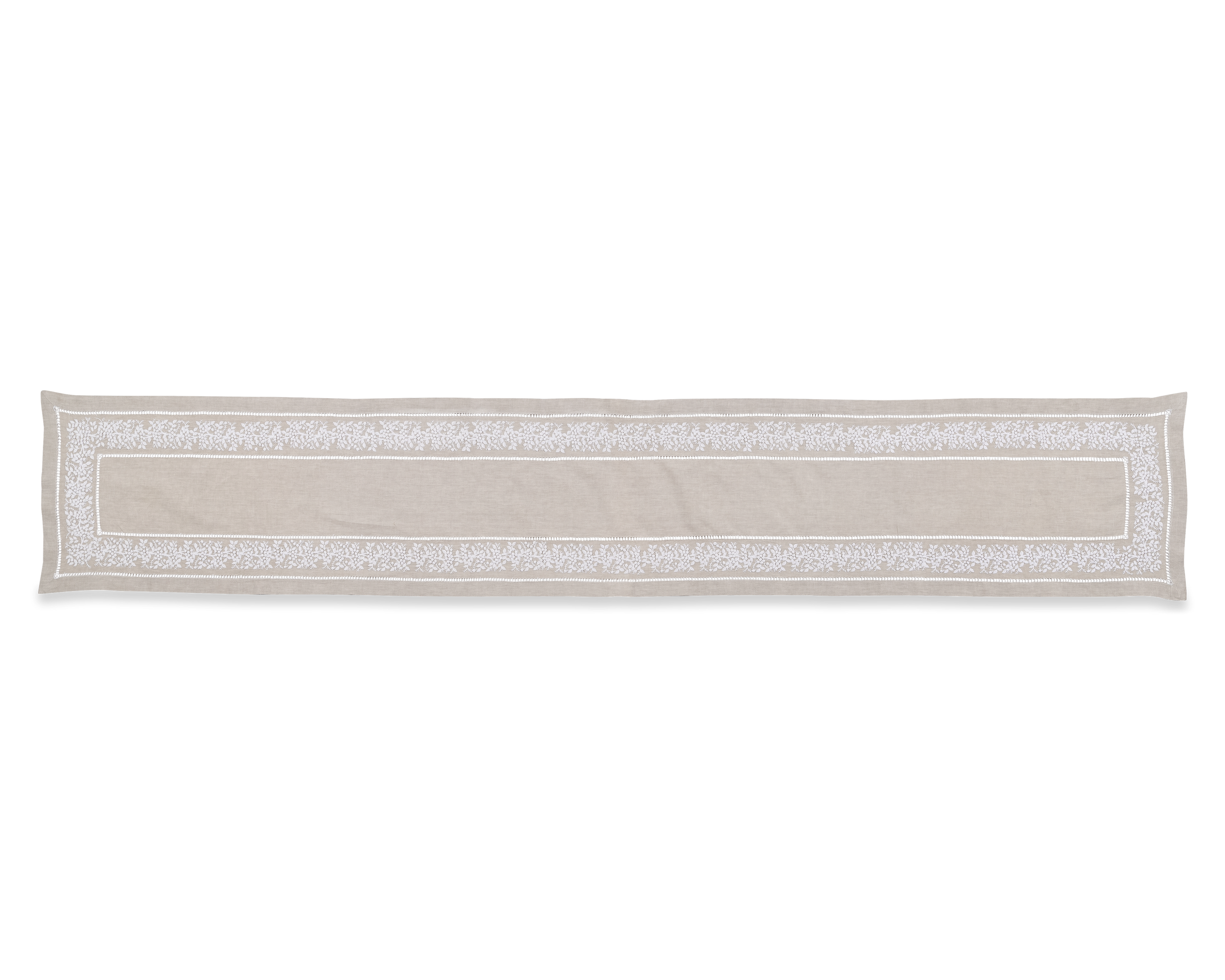 Embroidered 16x96" Linen Runner, White on Taupe