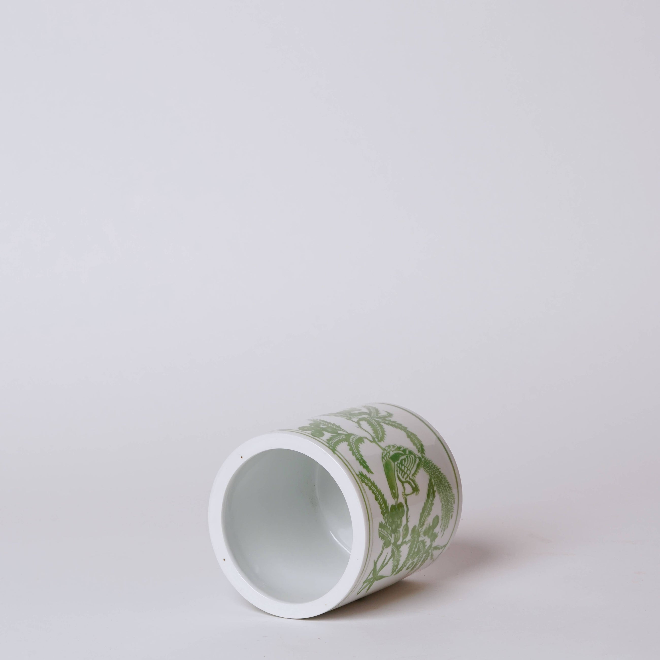 Green Porcelain Bird and Flower Cachepot