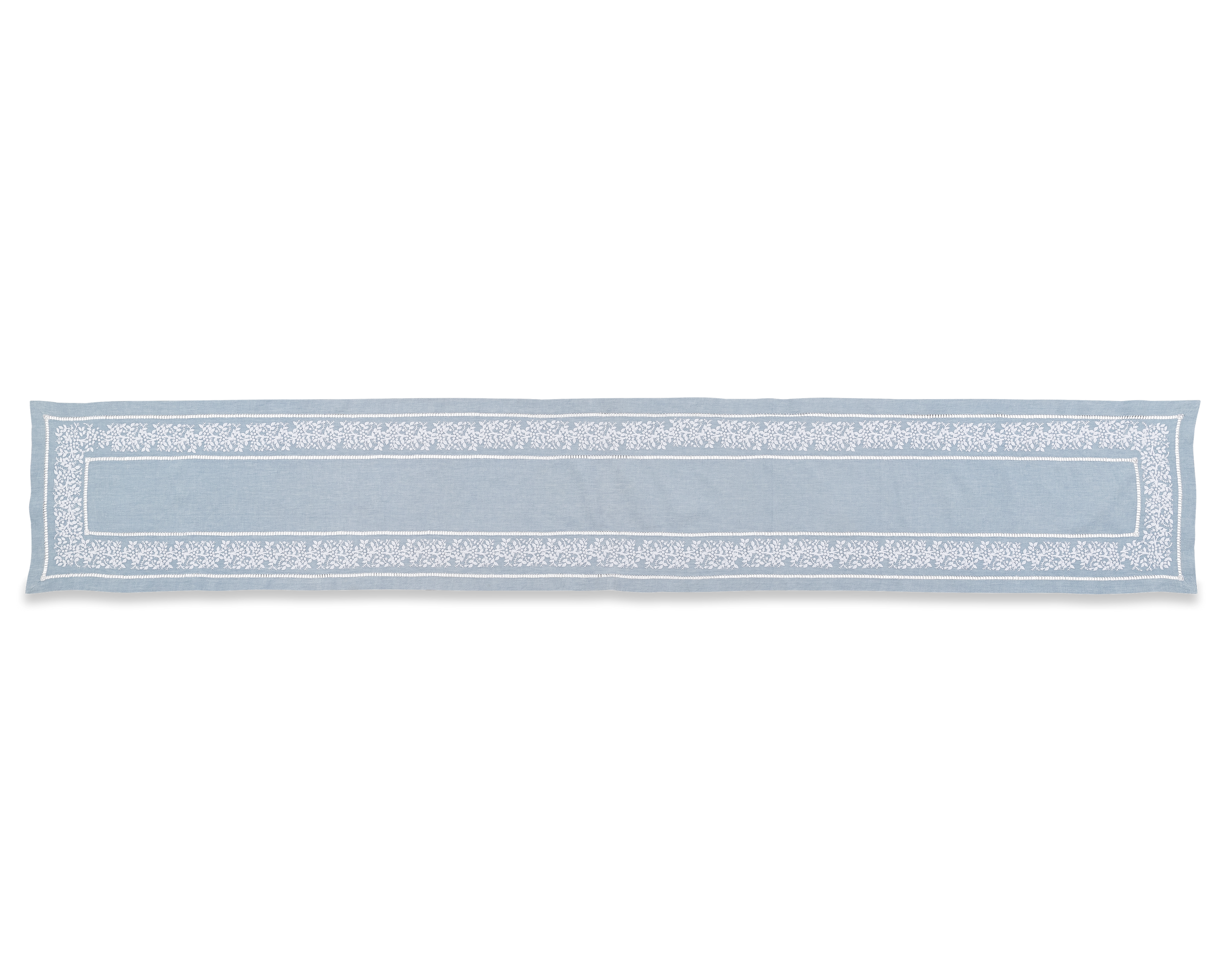 Embroidered 16x19" Linen Runner, White on Pale Blue
