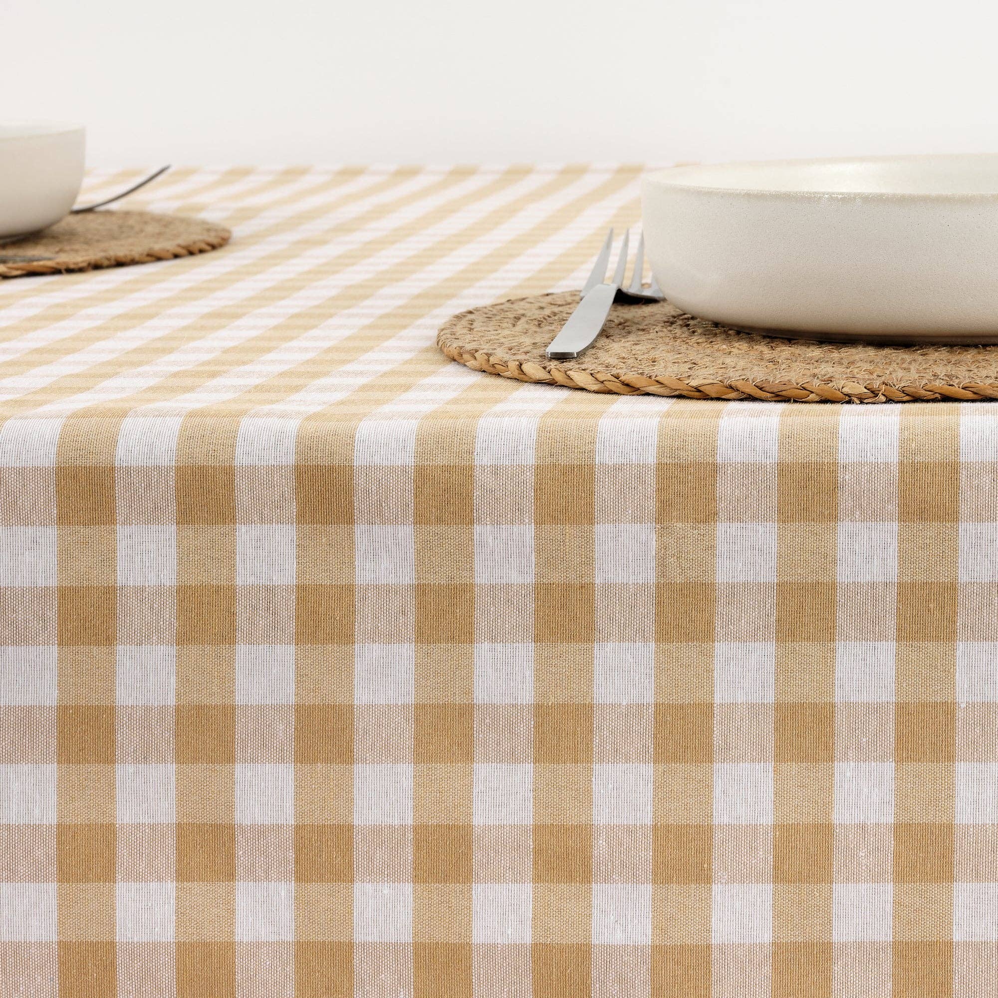Coated Tan Gingham 55x98" Tablecloth