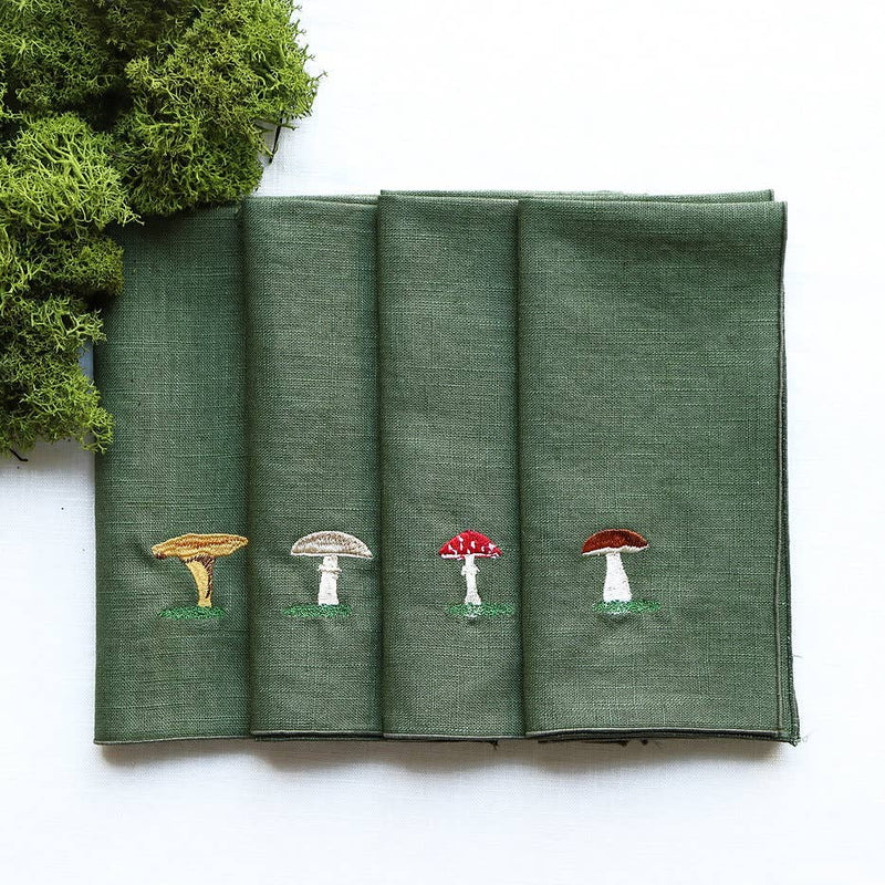 Set of 4 Linen Mushroom Napkins, Green