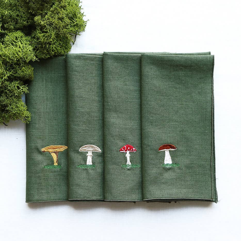 Set of 4 Linen Mushroom Napkins, Green
