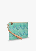 Aqua Hand-Embroidered Raffia Wristlet