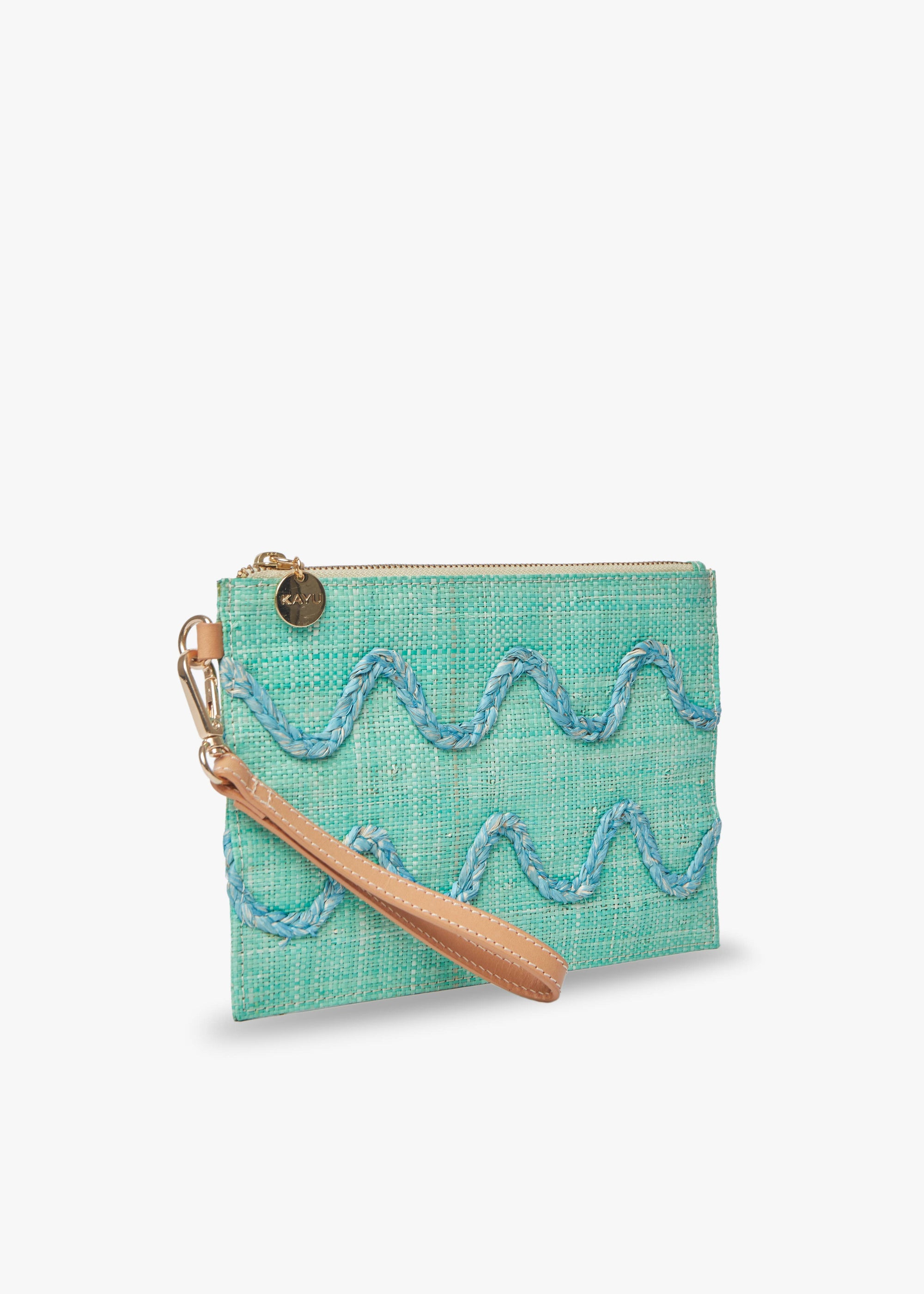 Aqua Hand-Embroidered Raffia Wristlet