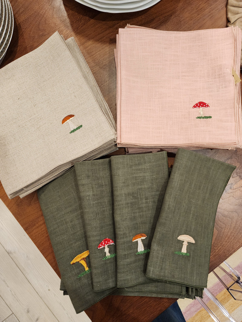 Set of 4 Linen Mushroom Napkins, Green