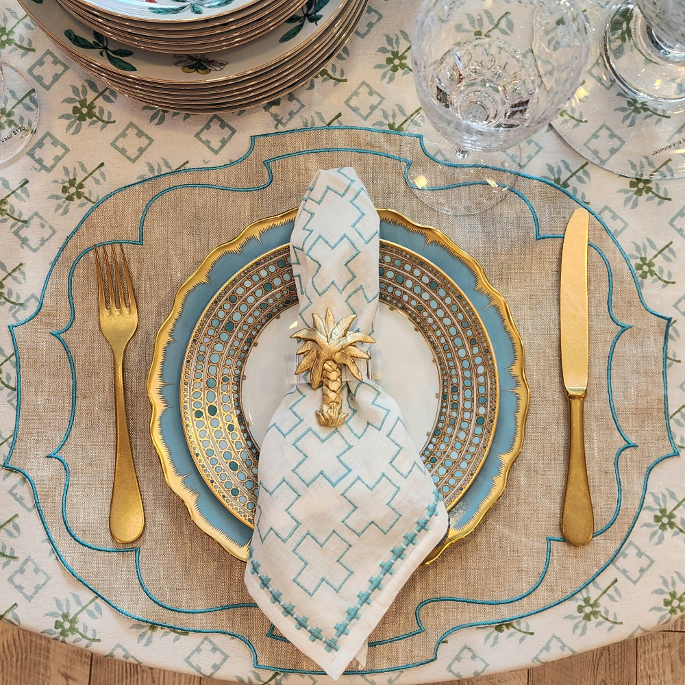 Parker Waxed Linen Placemat, Natural/Turquoise