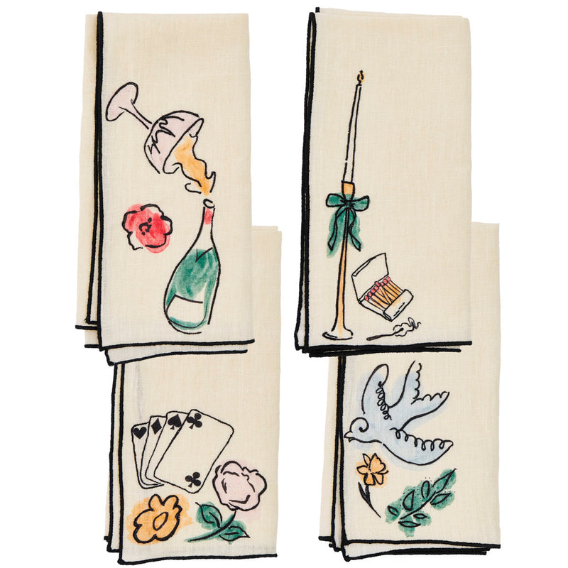 Salon Motif Embroidered Linen Napkins (Set of 4)