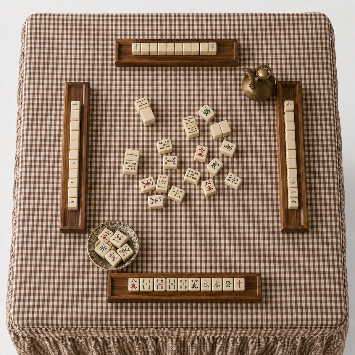 Skirted Mahjong Game Tablecloth, Brown Gingham