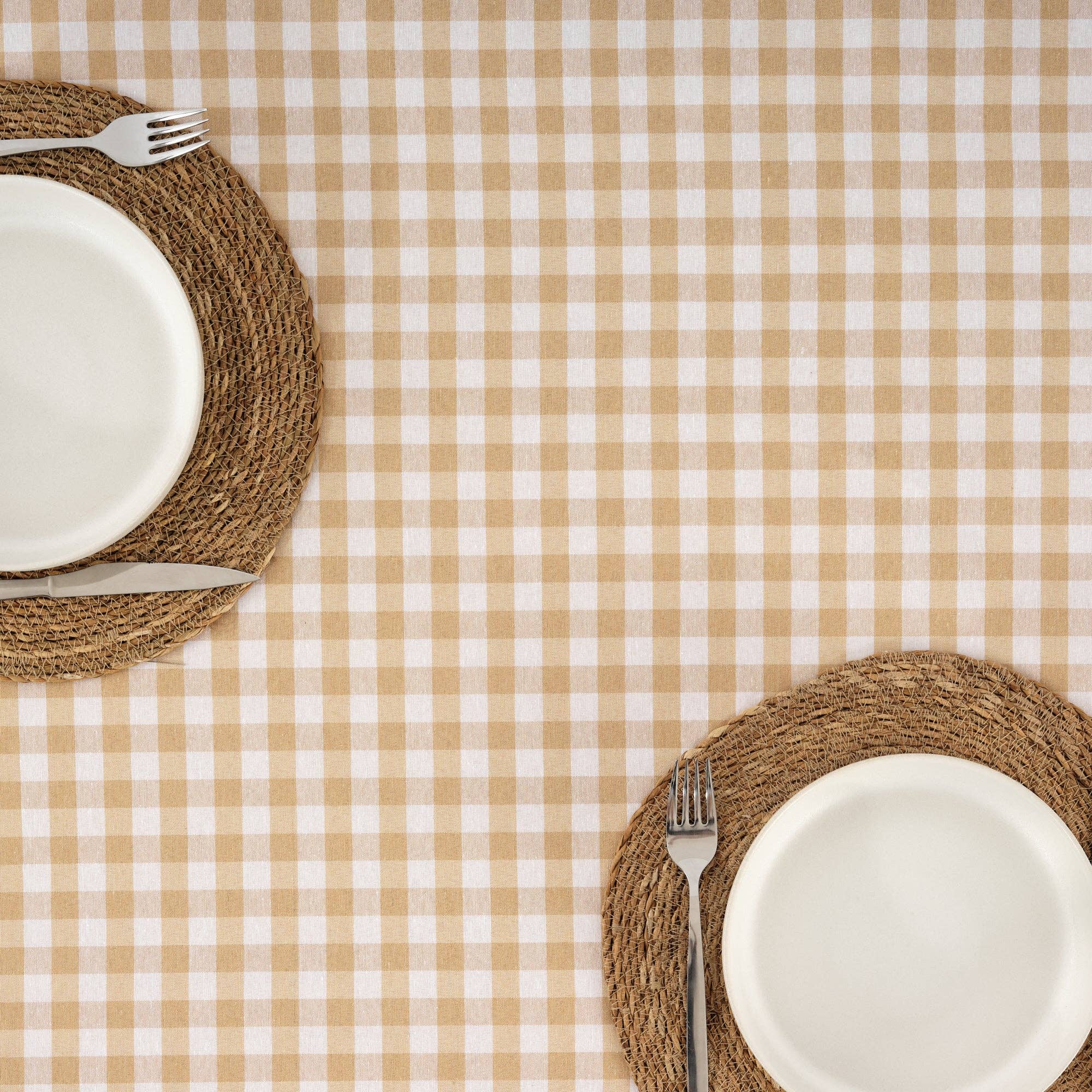 Coated Tan Gingham 55x98" Tablecloth