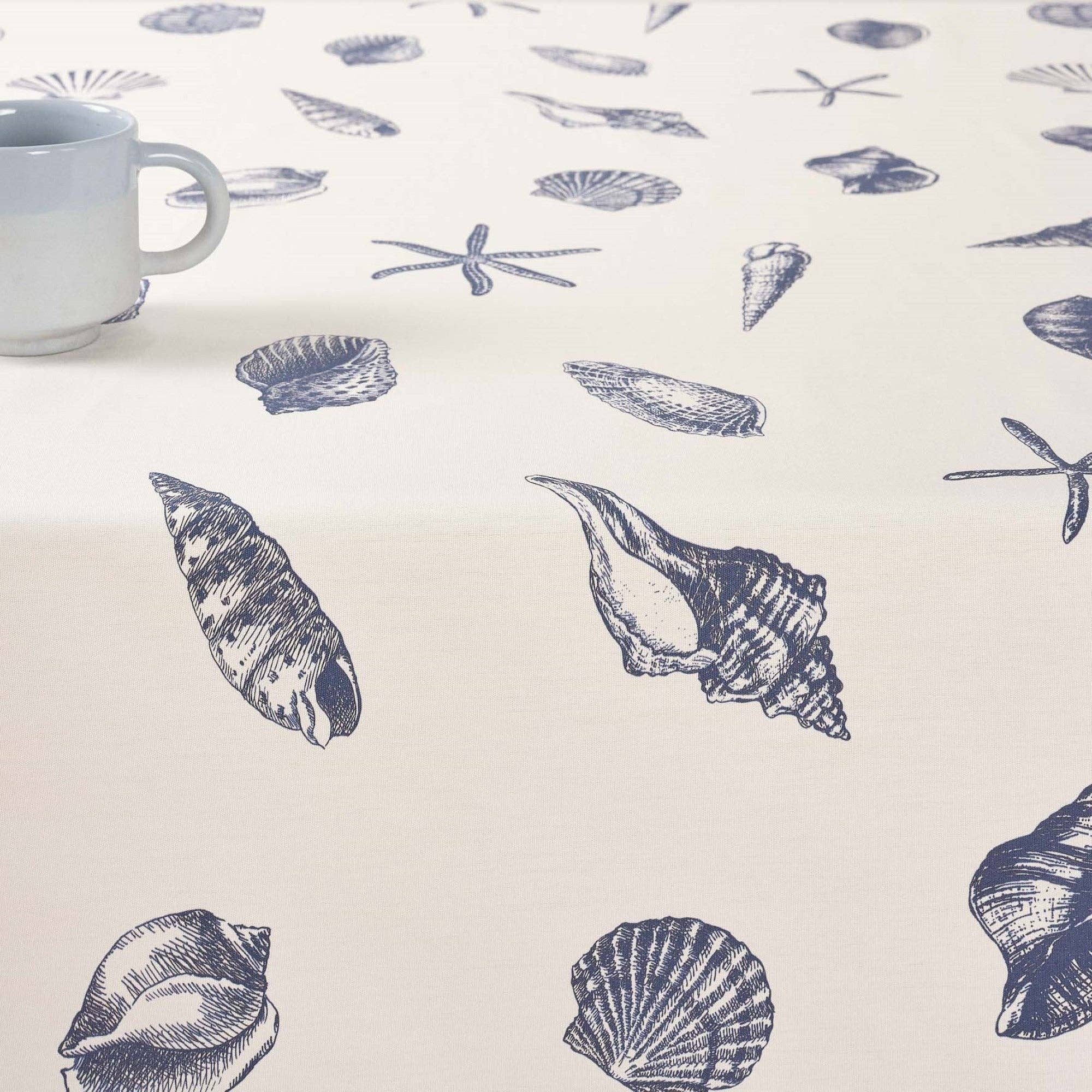 Navy Seashell 60x95", Coated Tablecloth