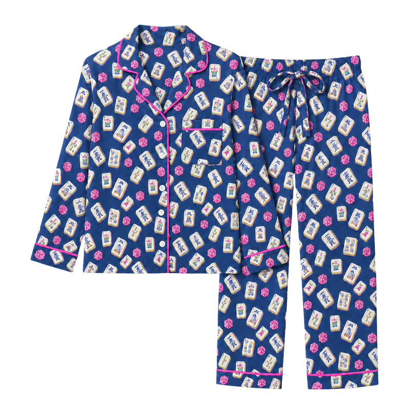 Blue Cotton Mahjong Pajama Set