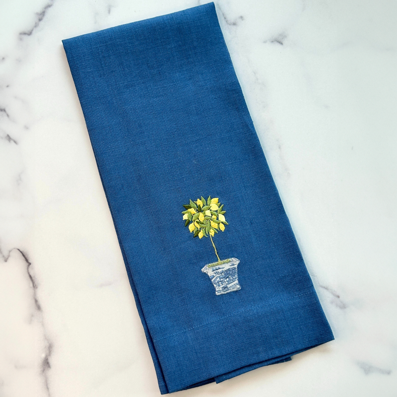 Lemon Topiary Linen Towel, Royal Blue