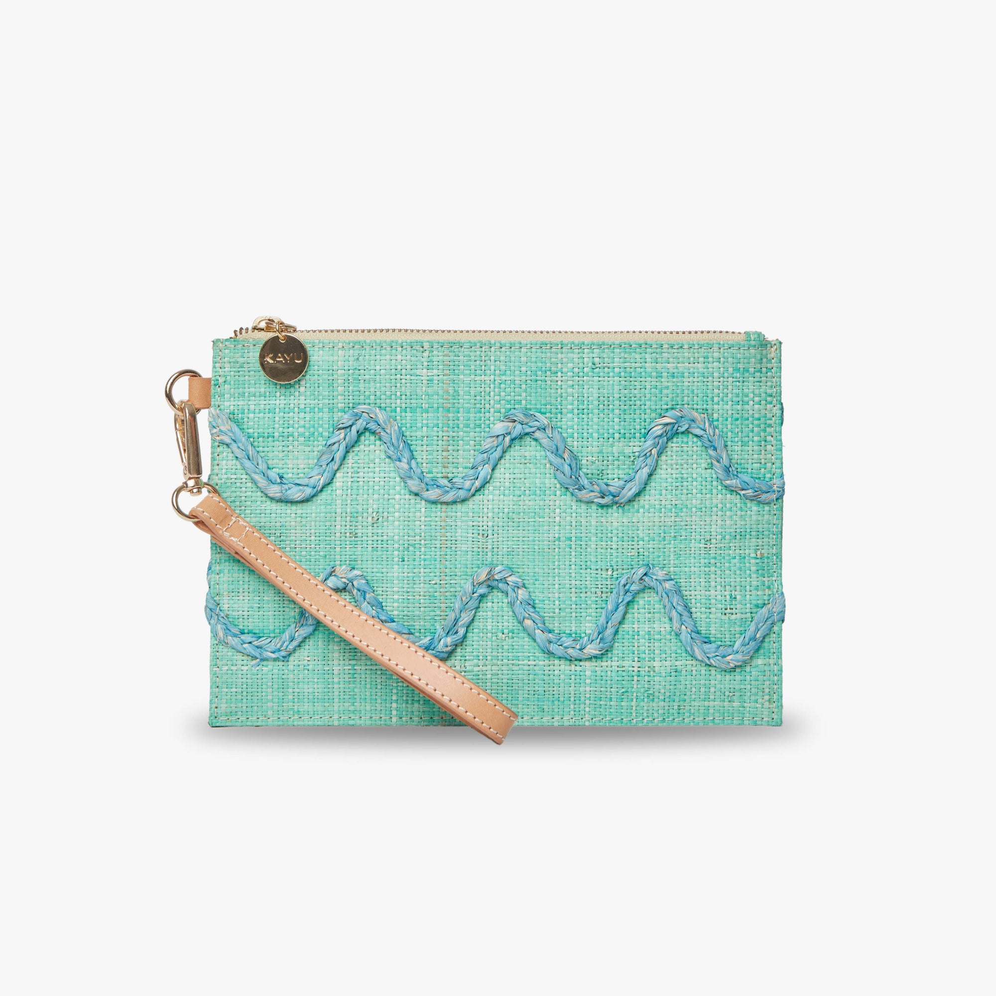 Aqua Hand-Embroidered Raffia Wristlet