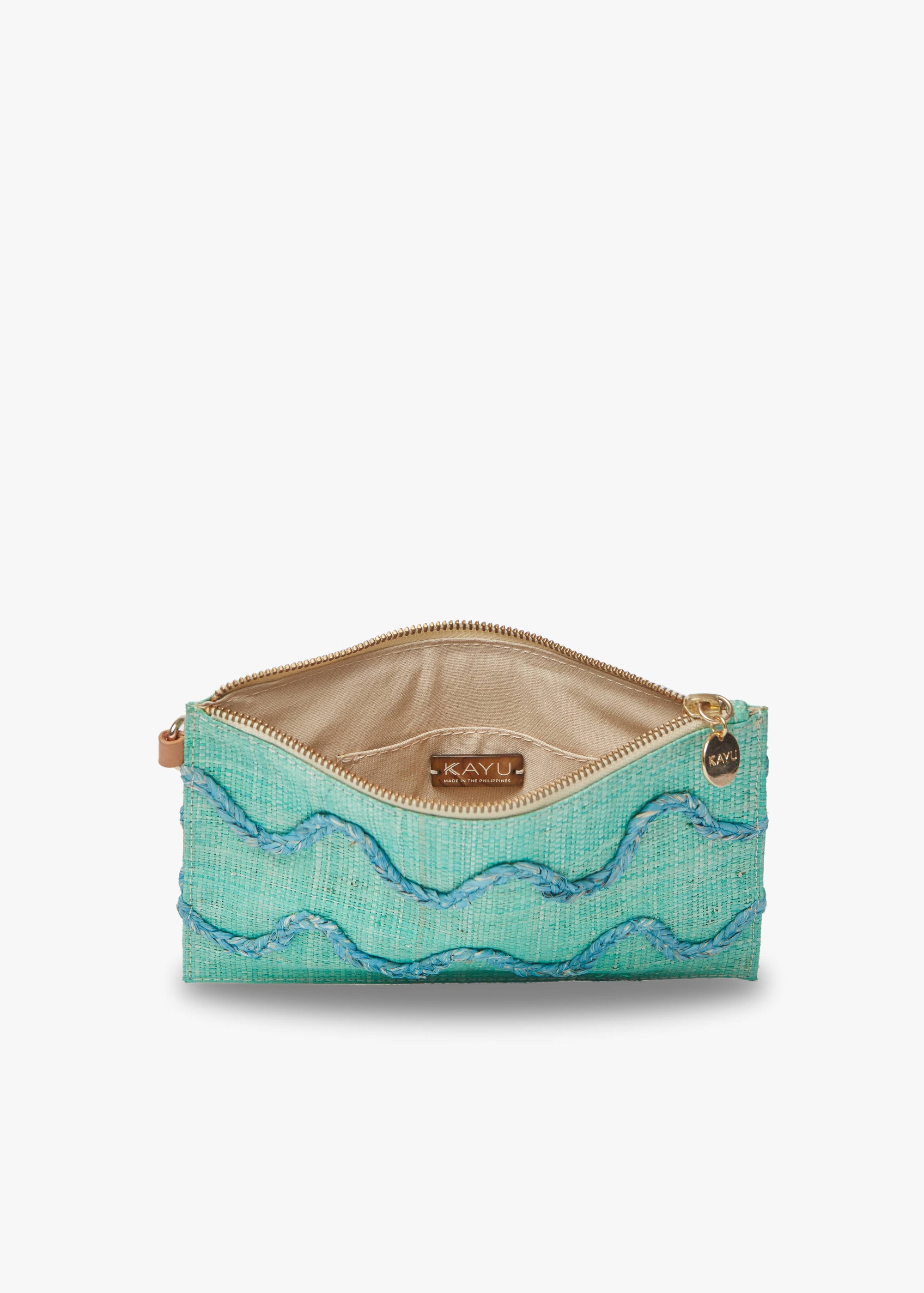 Aqua Hand-Embroidered Raffia Wristlet