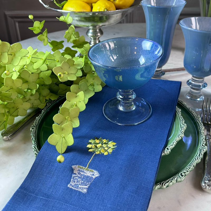 Lemon Topiary Linen Towel, Royal Blue