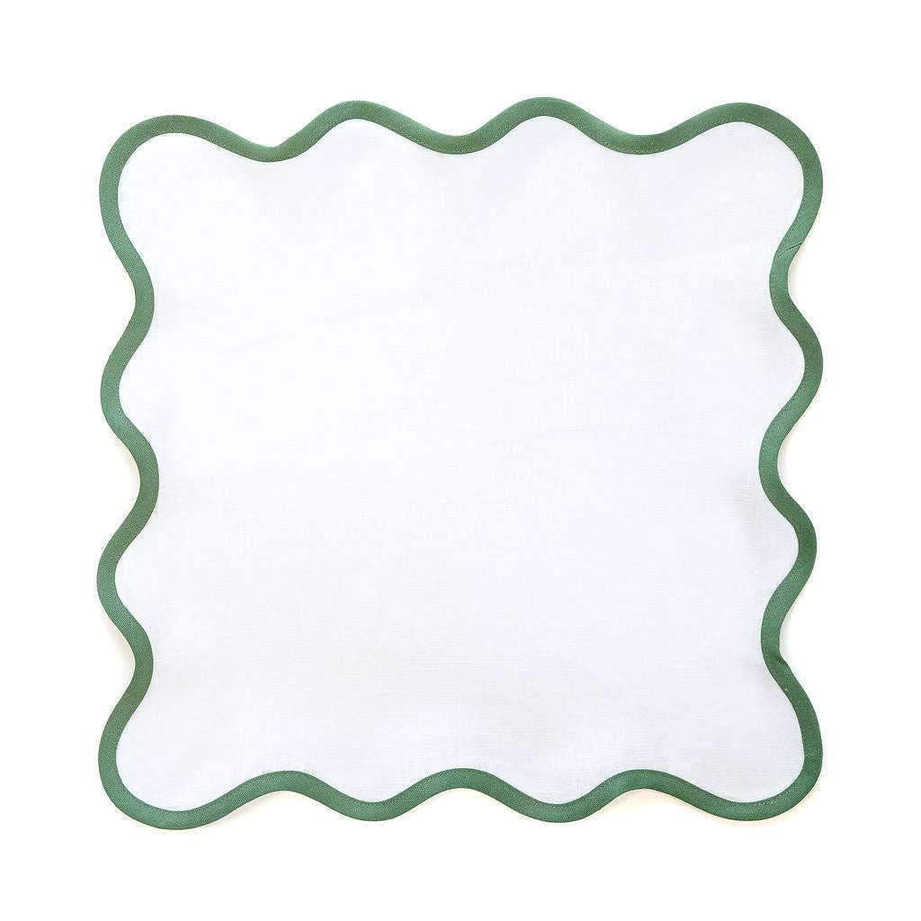 Scalloped White & Pine Green Linen Napkin