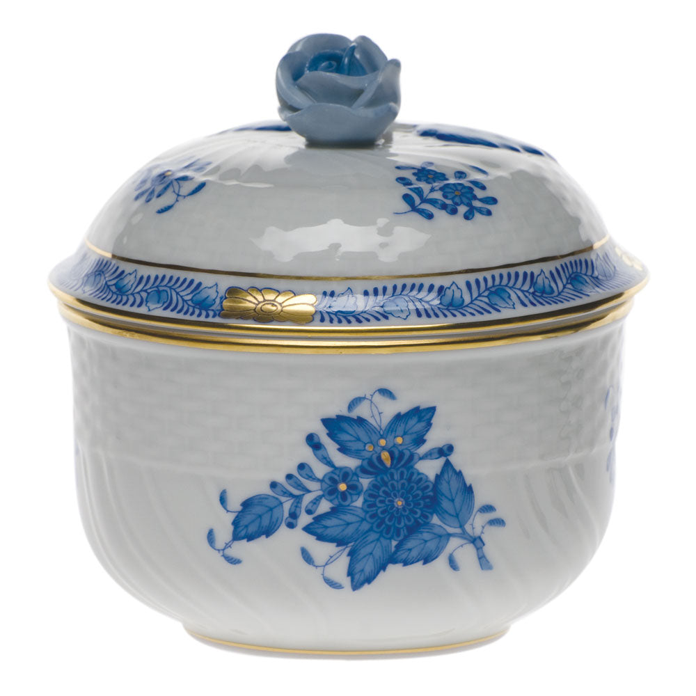 Herend Chinese Bouquet Blue Covered Sugar Bowl with Rose