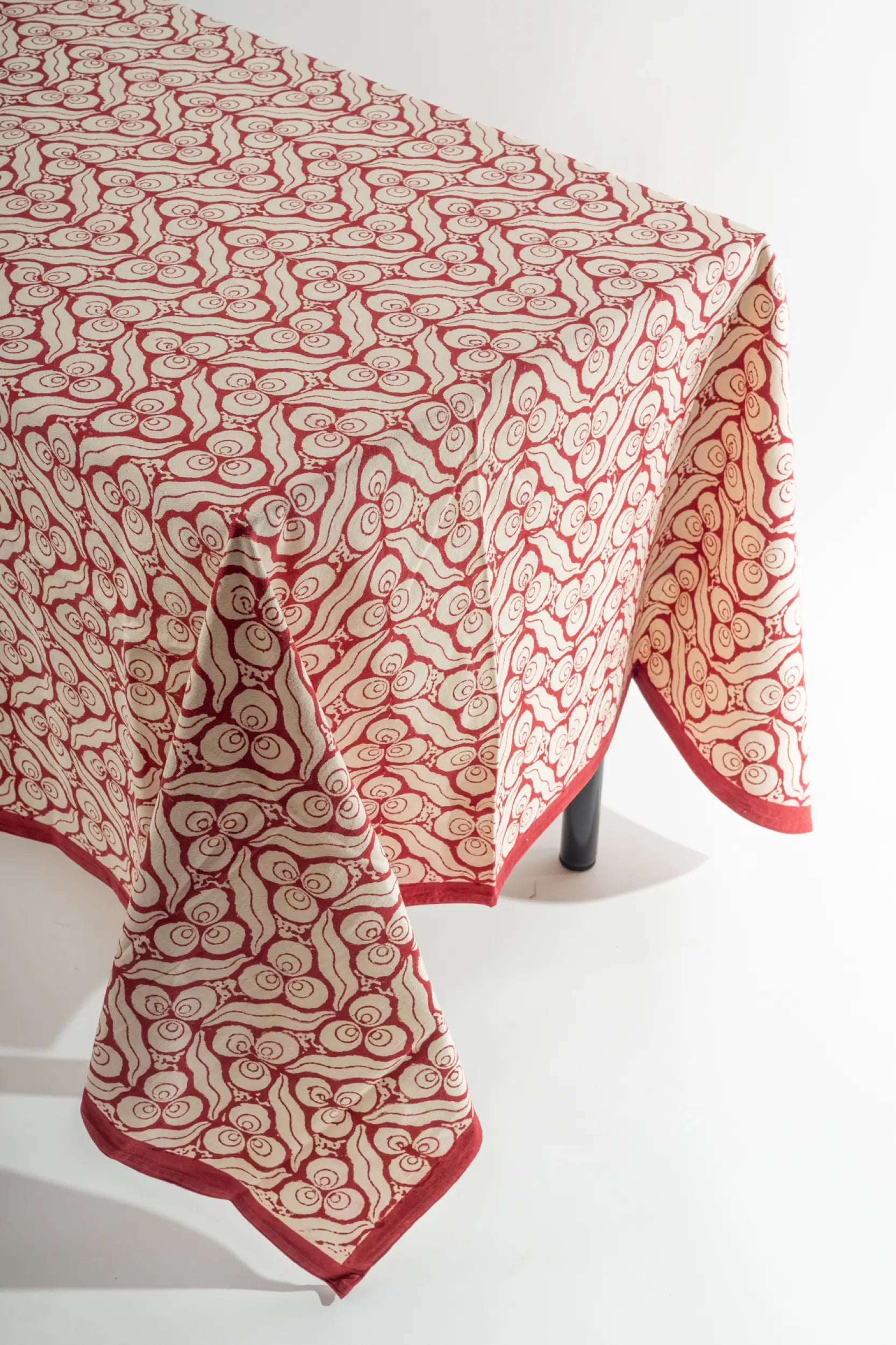 Handprinted 60x100" Tablecloth, Red & Ivory