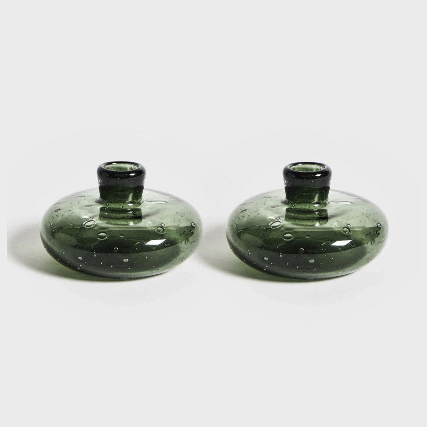Tourmaline Green Bubble Glass Candleholder, S/2