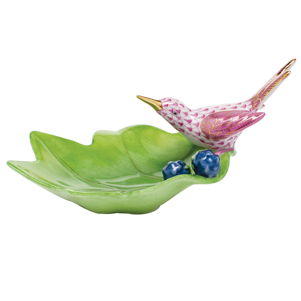Herend Hummingbird on Leaf, Raspberry