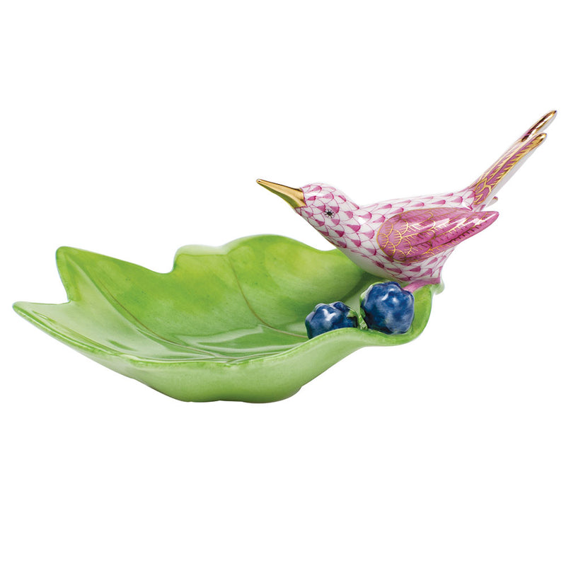 Herend Hummingbird on Leaf, Raspberry