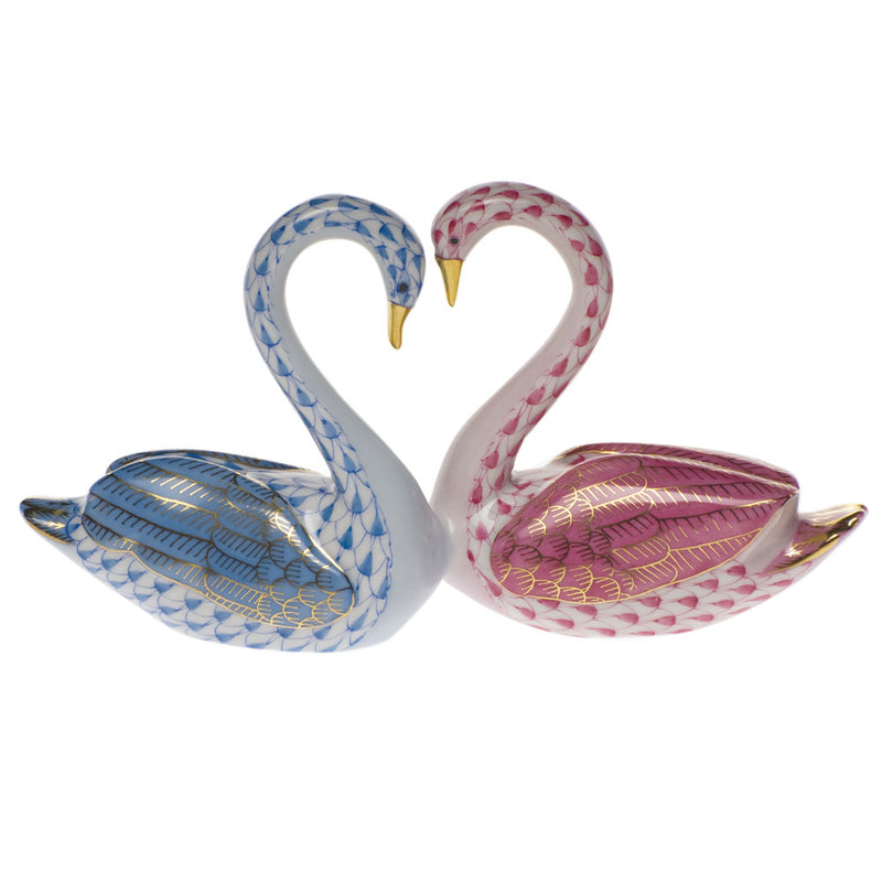 Herend Kissing Swans, Pink & Blue