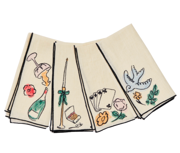 Salon Motif Embroidered Linen Napkins (Set of 4)