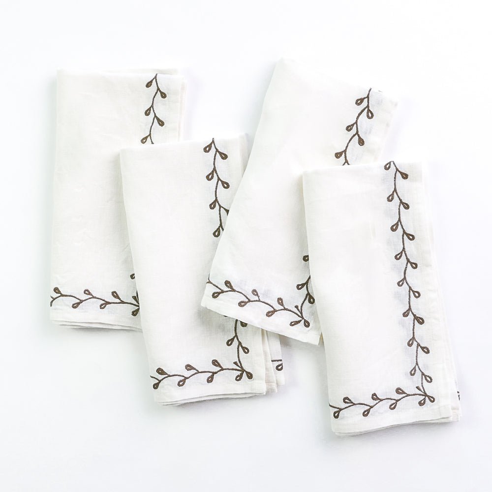 Twig & Bud Brown Embroidered Linen Napkin