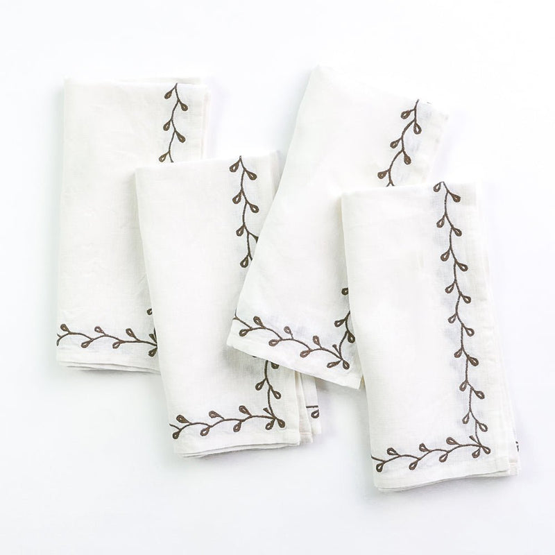 Twig & Bud Brown Embroidered Linen Napkin