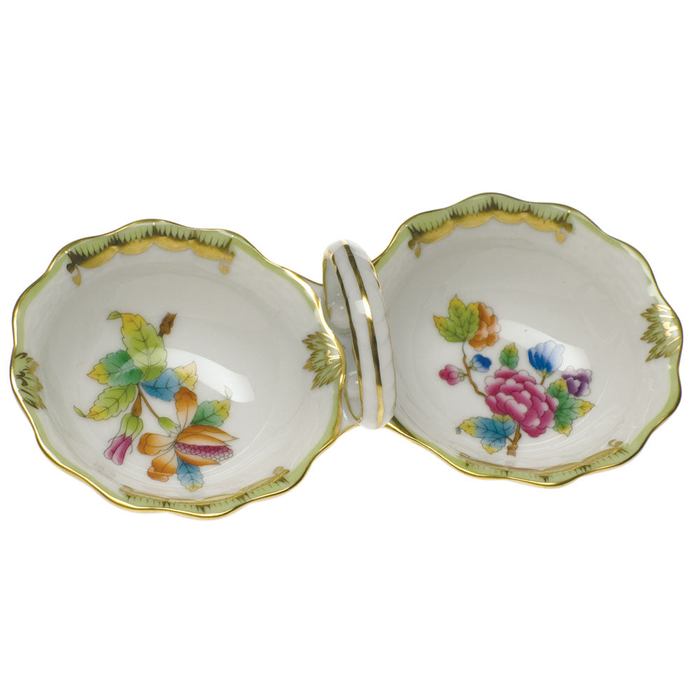 Herend Queen Victoria Green Border Twin Salt Bowls