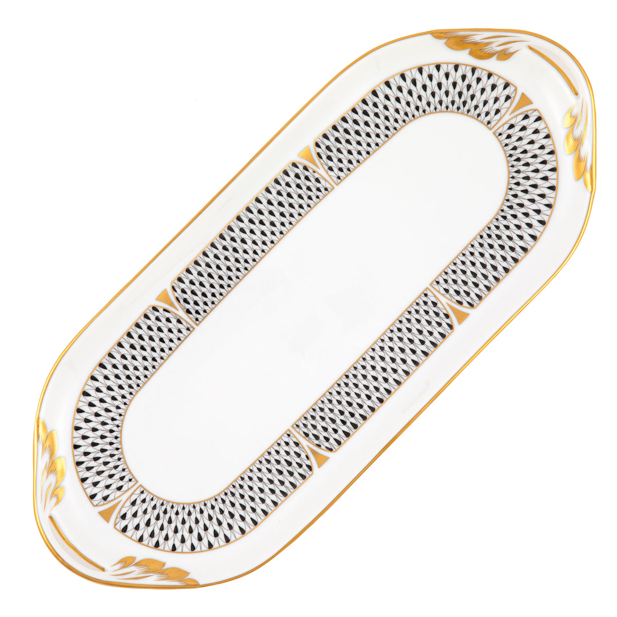 Herend Art Deco Black Sandwich Tray, 14.25D