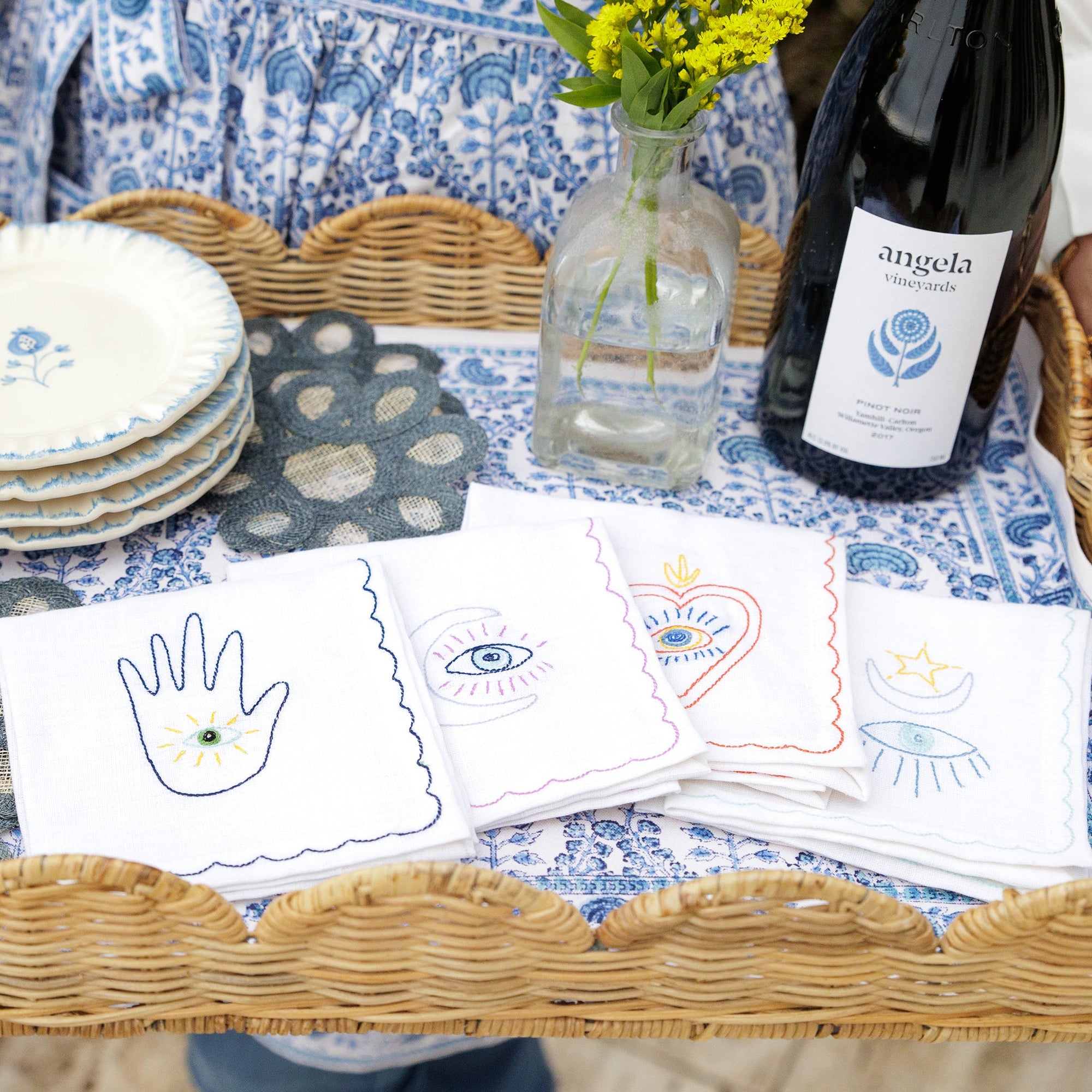Lucky Charm Embroidered Linen Cocktail Napkins