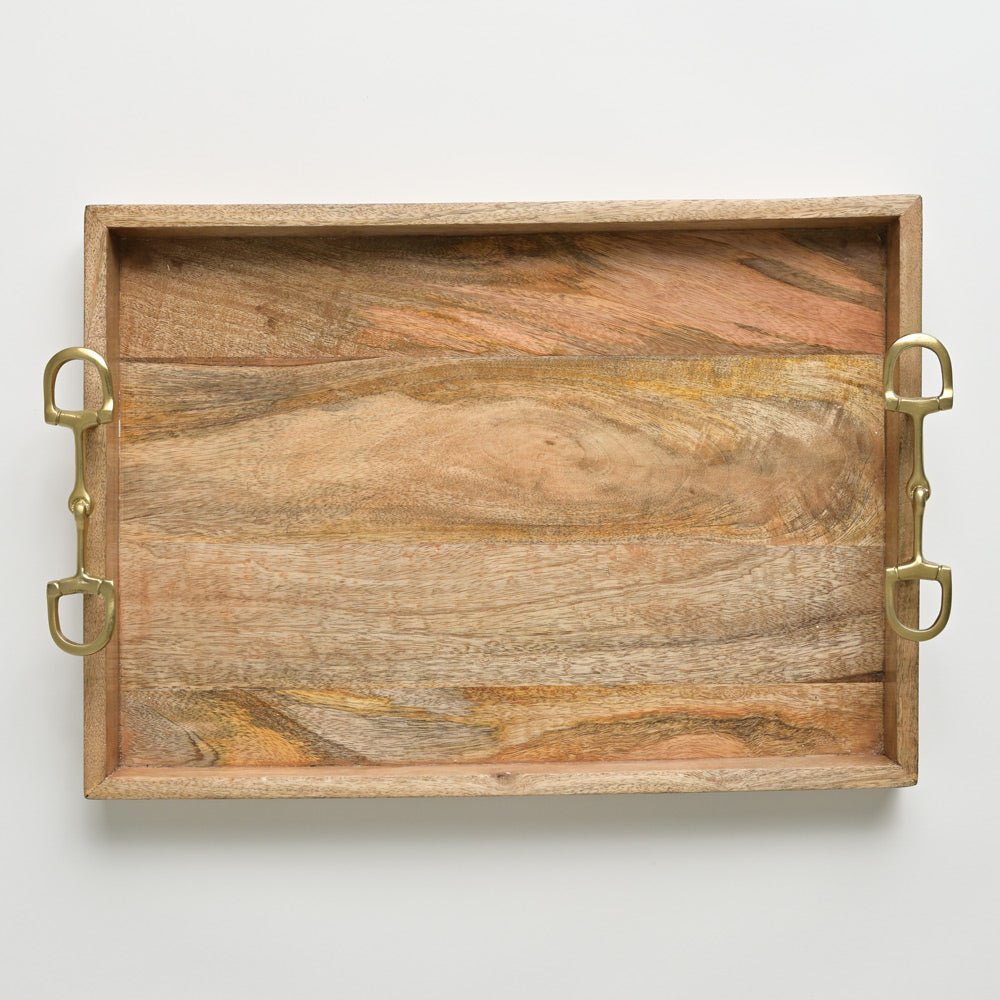 Wooden Serving Tray with Brass Snaffle Handles