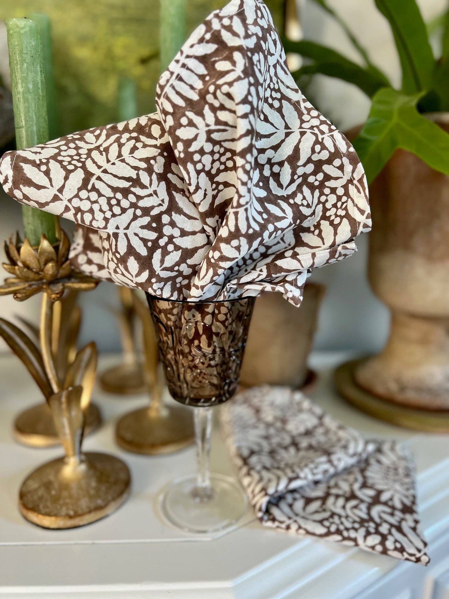 Set of 4 Gathered Garden Napkins, Saddle Brown