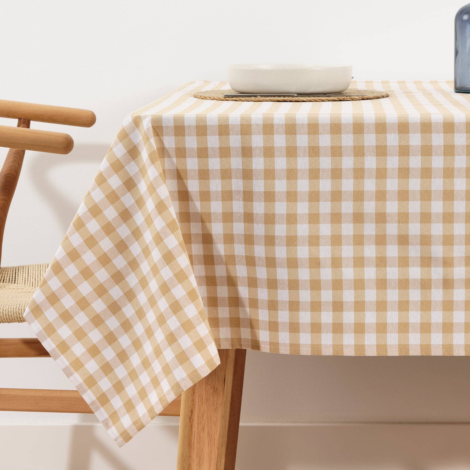 Coated Tan Gingham 55x98" Tablecloth