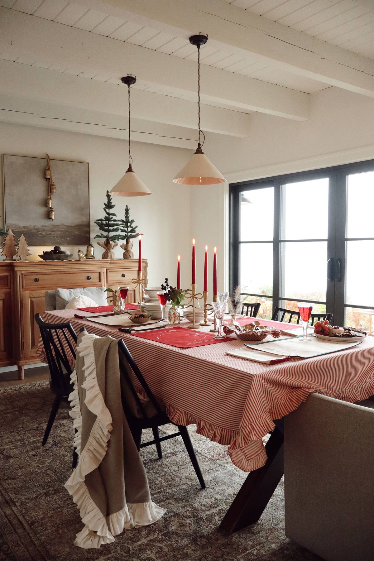 Red Ticking Ruffle Tablecloth