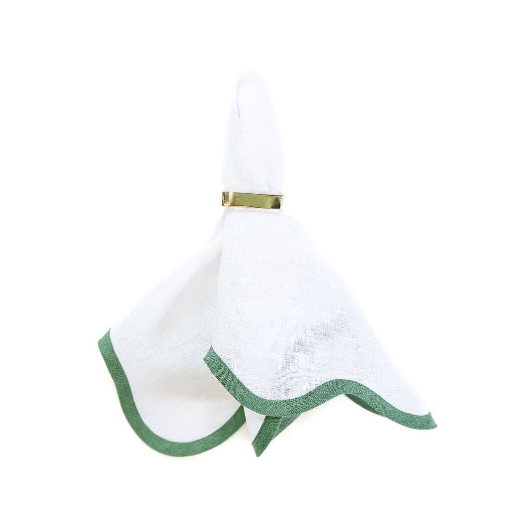 Scalloped White & Pine Green Linen Napkin