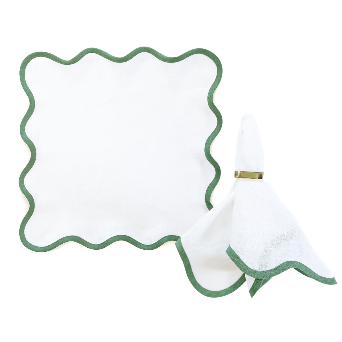 Scalloped White & Pine Green Linen Napkin