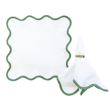 Scalloped White & Pine Green Linen Napkin
