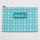 Teal patterned pouch with 'MAHJ' branding on a white background