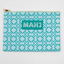 Teal patterned pouch with 'MAHJ' branding on a white background