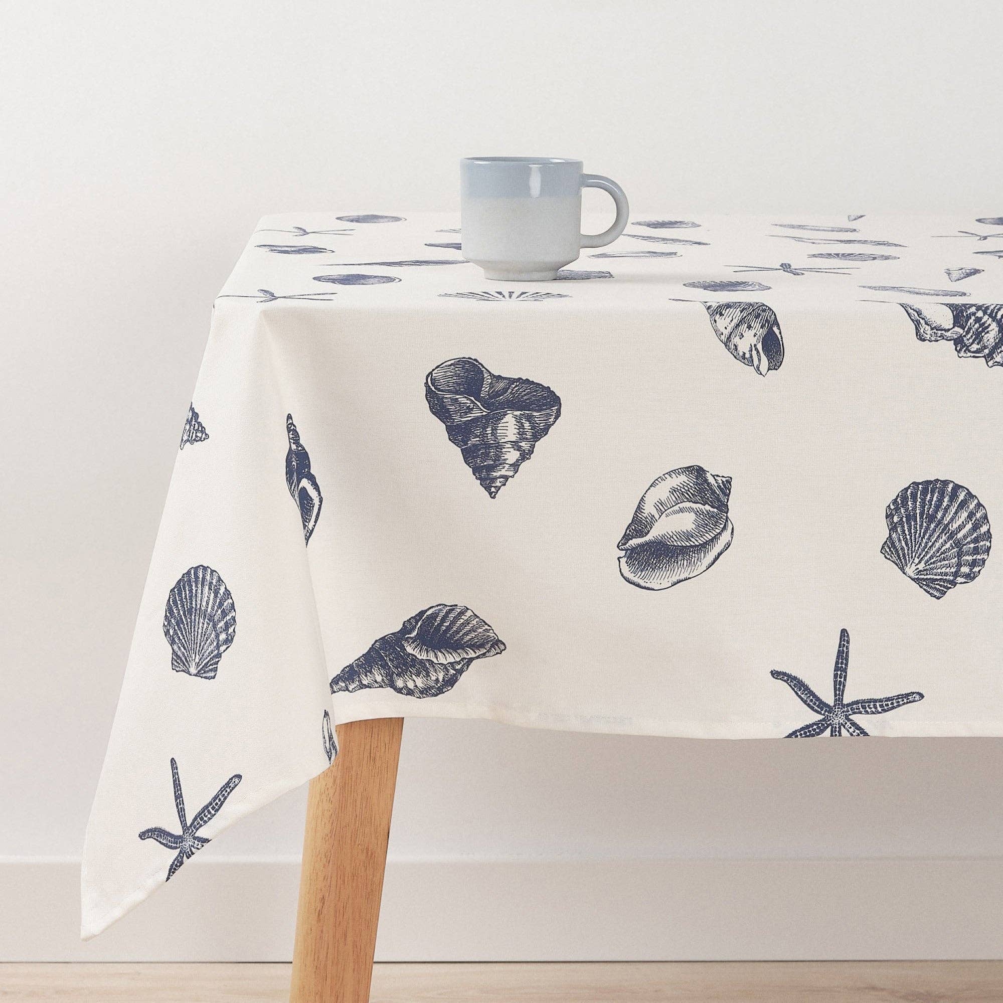 Navy Seashell 60x95", Coated Tablecloth